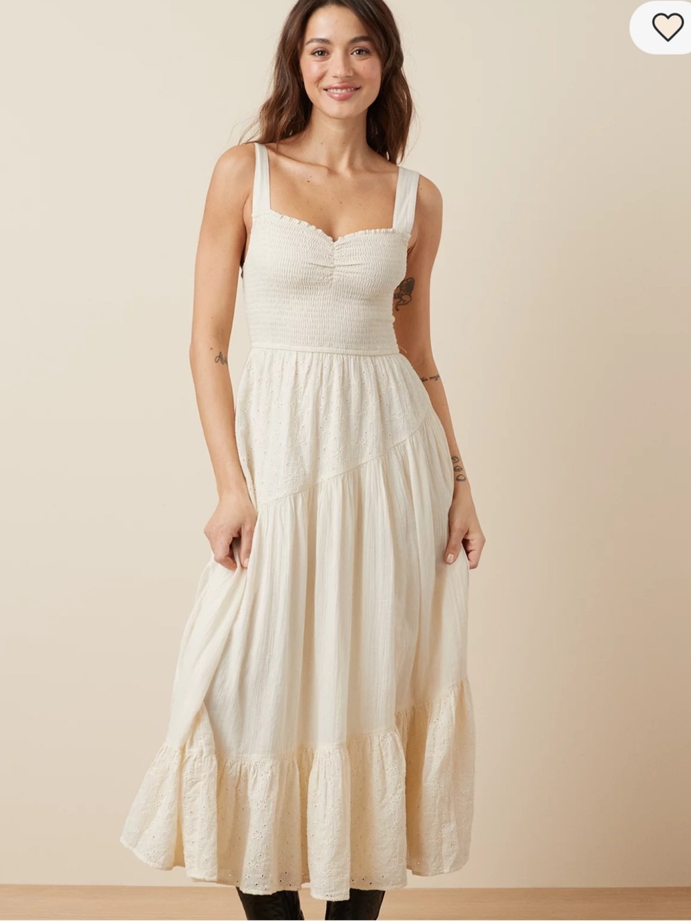 American Eagle Tiered Asymmetrical Midi Dress Smocked Eyelet Cream Sz L